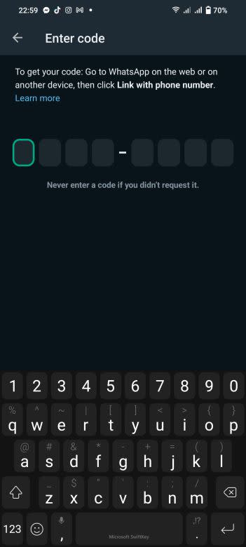 Whatsapp screen for the one-time code when linking a new device