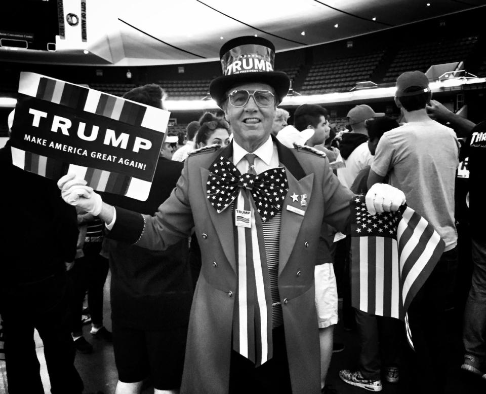 <p>A Trump supporter poses at a campaign rally on May 25 in Anaheim, Calif. (Photo: Holly Bailey/Yahoo News) </p>