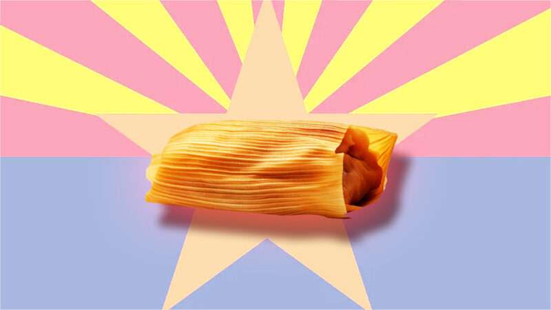A tamale pictured in front of the Arizona state flag