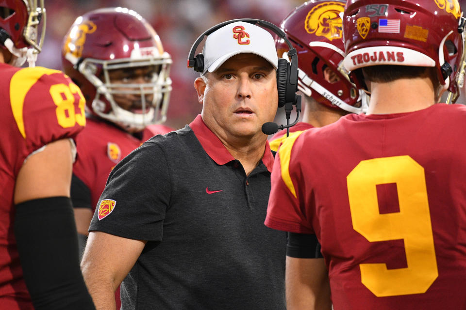 USC Trojans head coach Clay Helton looks on during a college football game between the Oregon Ducks and the USC Trojans on Nov. 2, 2019. (Brian Rothmuller/Getty Images)