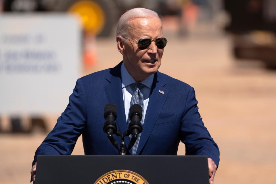 US President Joe Biden gives a speech at Intel Ocotillo Campus on March 20, 2024 in Chandler, Arizona. Biden announced $8.5 billion in federal funding from the CHIPS Act for Intel Corp. to manufacture semiconductors in Arizona.