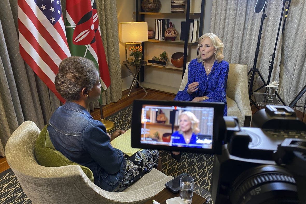 First Lady of the United States Jill Biden speaks during an interview with Associated Press White House reporter Darlene Superville in Nairobi, Kenya, Friday, Feb. 24, 2023. Biden told The Associated Press in the exclusive interview that she feels a kinship with Africa during her sixth visit to the continent. She says she wants to support nations fighting for democracy — “just like I feel we’re doing in the United States.” (AP Photo/Brian Inganga)