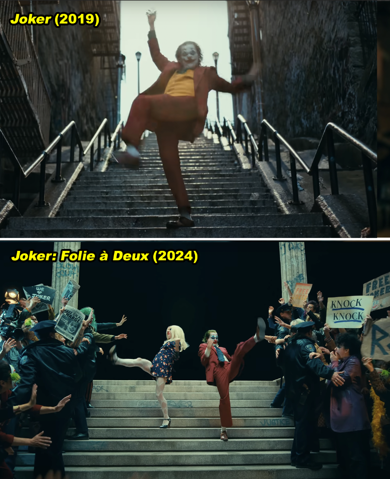 Comparison of two scenes with Joker characters dancing on stairs, top from 2019 film, bottom from 2024 sequel