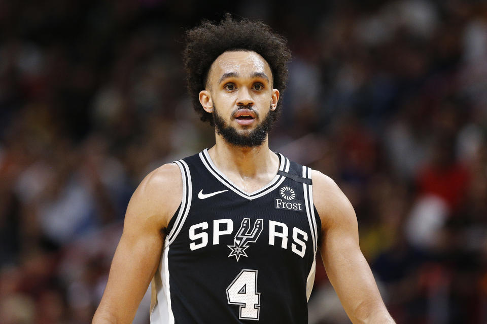 MIAMI, FLORIDA - JANUARY 15:  Derrick White #4 of the San Antonio Spurs in action against the Miami Heat during the second half at American Airlines Arena on January 15, 2020 in Miami, Florida. NOTE TO USER: User expressly acknowledges and agrees that, by downloading and/or using this photograph, user is consenting to the terms and conditions of the Getty Images License Agreement. (Photo by Michael Reaves/Getty Images)