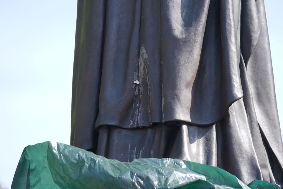 Egg drips down the newly-installed statue of Margaret Thatcher (Joe Giddens/PA)