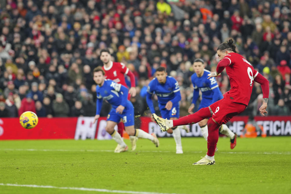 Liverpool's Darwin Nunez misses a scoring chance on a penalty kick during the English Premier League soccer match between Liverpool and Chelsea, at Anfield Stadium, Liverpool, England, Wednesday, Jan.31, 2024. (AP Photo/Jon Super)