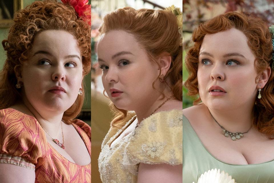 A progression of Penelope in seasons 1-3 of Bridgerton.
