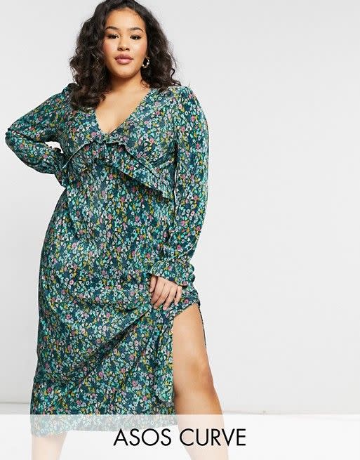 V neck midi plisse dress in green and blue floral print (Plus Size)