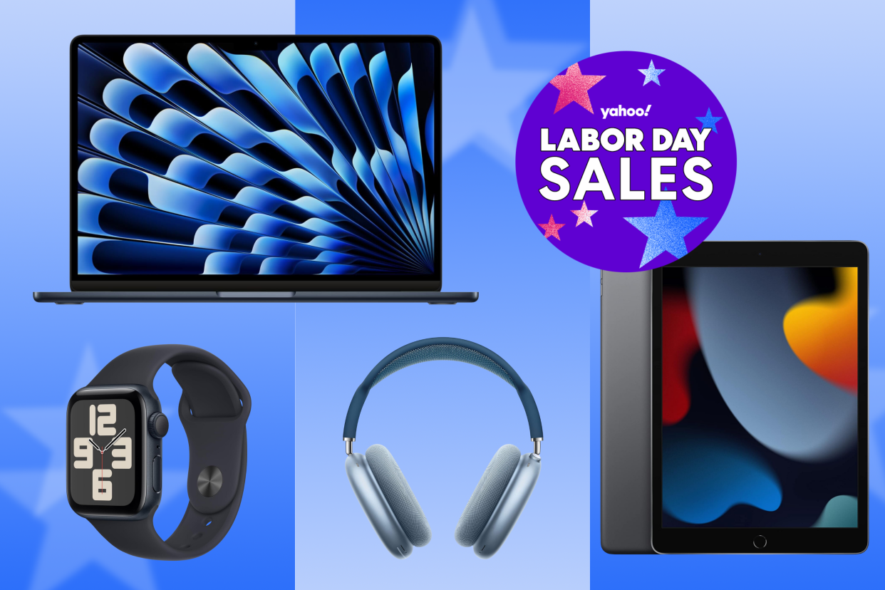 An assortment of Apple products with a Labor Day sale badge.