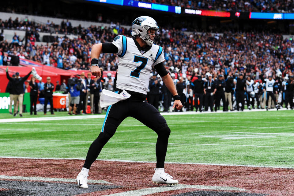 LONDON, ENGLAND - OCTOBER 13: Kyle Allen of Carolina Panthers celebrates during the NFL match between the Carolina Panthers and Tampa Bay Buccaneers at Tottenham Hotspur Stadium on October 13, 2019 in London, England. (Photo by Alex Burstow/Getty Images)