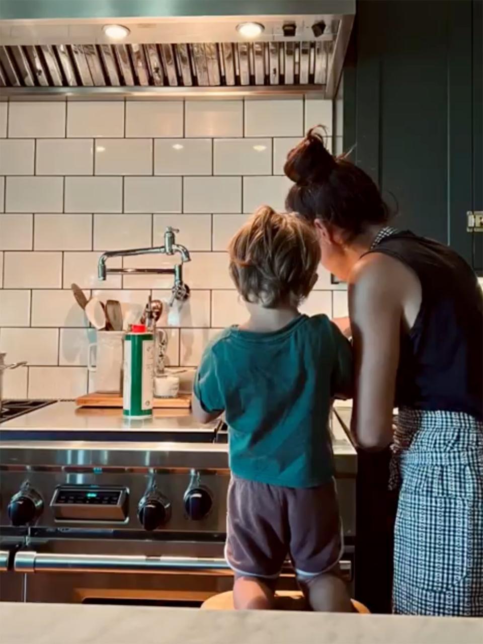 Joanna Gaines cooking with her son