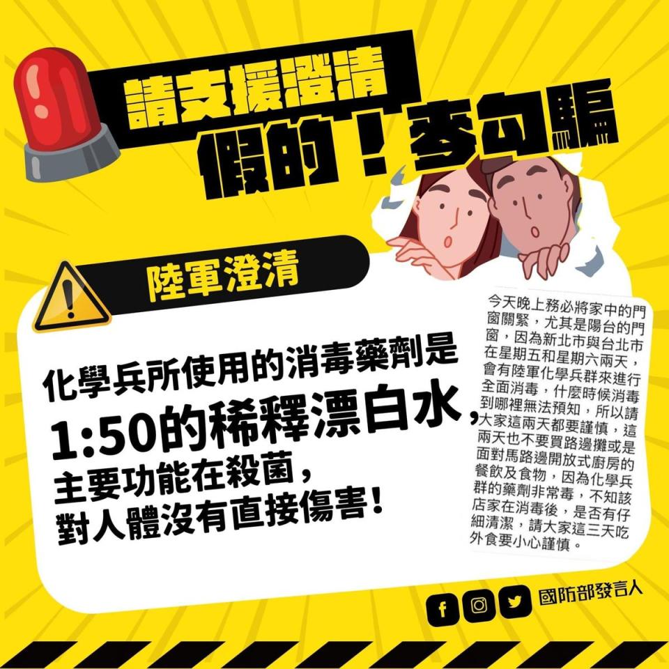 國軍化學兵群支援消毒噴灑藥劑主要功能在殺菌，對人體無直接傷害。（翻攝自國防部發言人臉書）