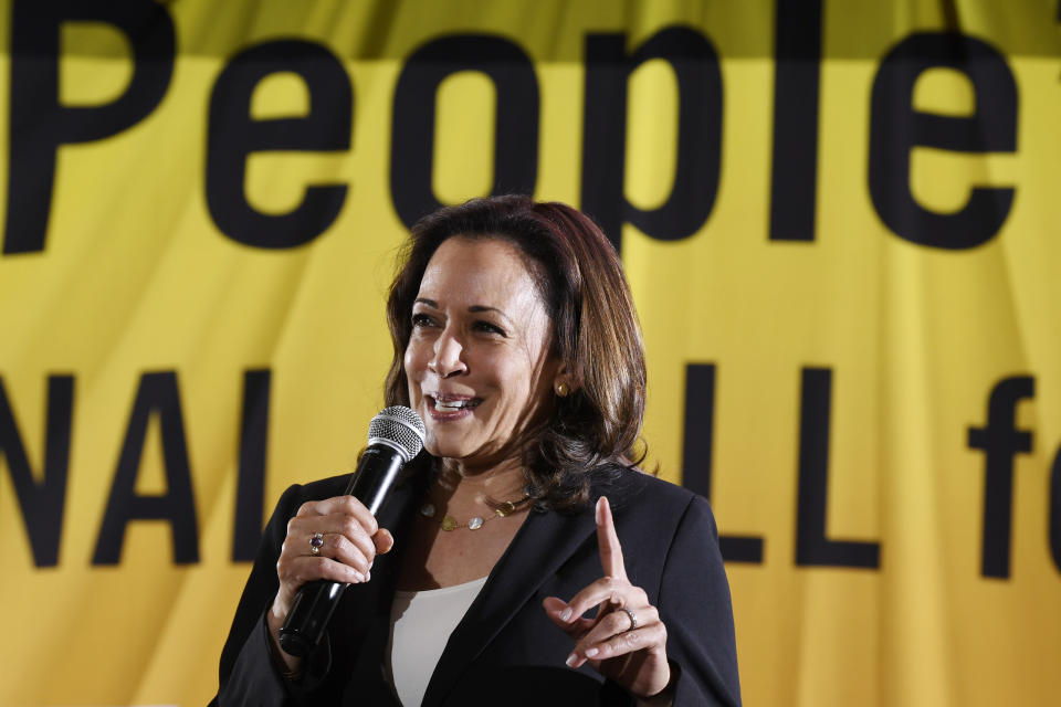 Democratic presidential candidate Sen. Kamala Harris, D-Calif., speaks at the Poor People's Moral Action Congress presidential forum in Washington, Monday, June 17, 2019. (AP Photo/Susan Walsh)