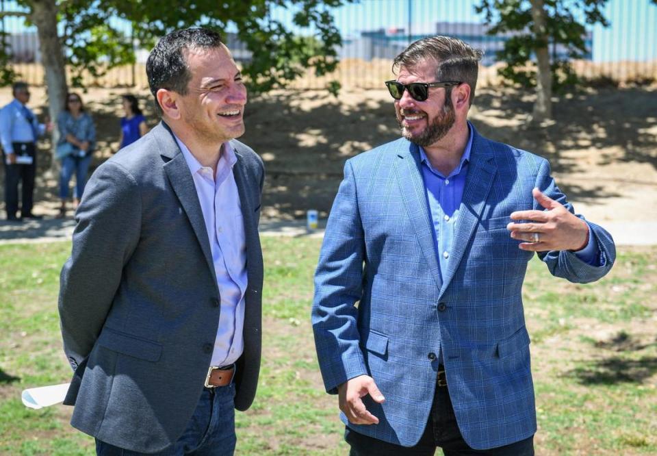 Assembly Speaker Anthony Rendón and Assemblymember Joaquín Arámbula (here during a 2021 Fresno visit) are among several Latinos on the November ballot.