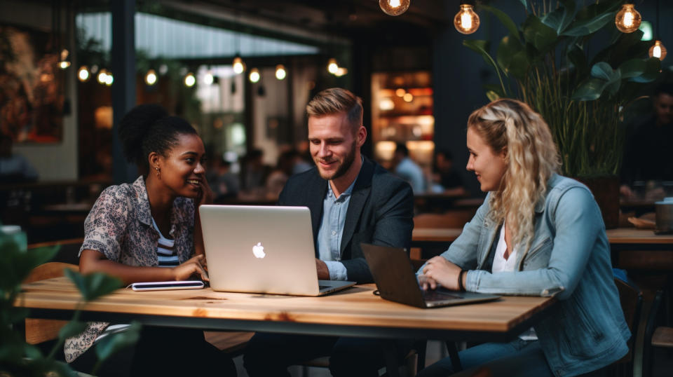 Small business owners with their laptops sitting at a coffee shop, discussing their digital advertising strategy.