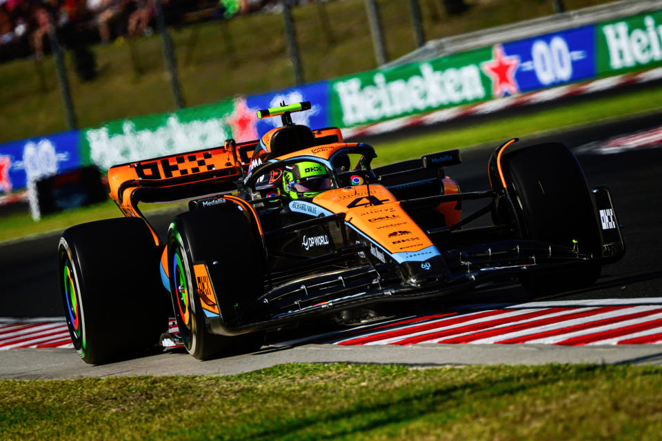 BUDAPEST, HUNGARY - 2023/07/23: McLaren F1 Team's British driver Lando Norris competes during the Hungarian F1 Grand Prix race at the Hungaroring, near Budapest. (Photo by Jure Makovec/SOPA Images/LightRocket via Getty Images)