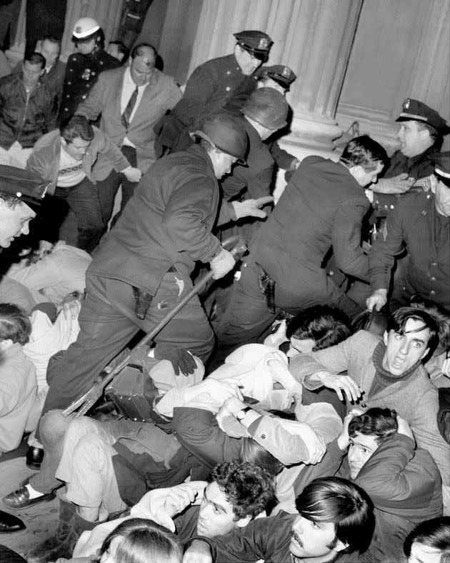 Police breaking through student demonstration at Low Library on Columbia University's campus on April 30, 1968.