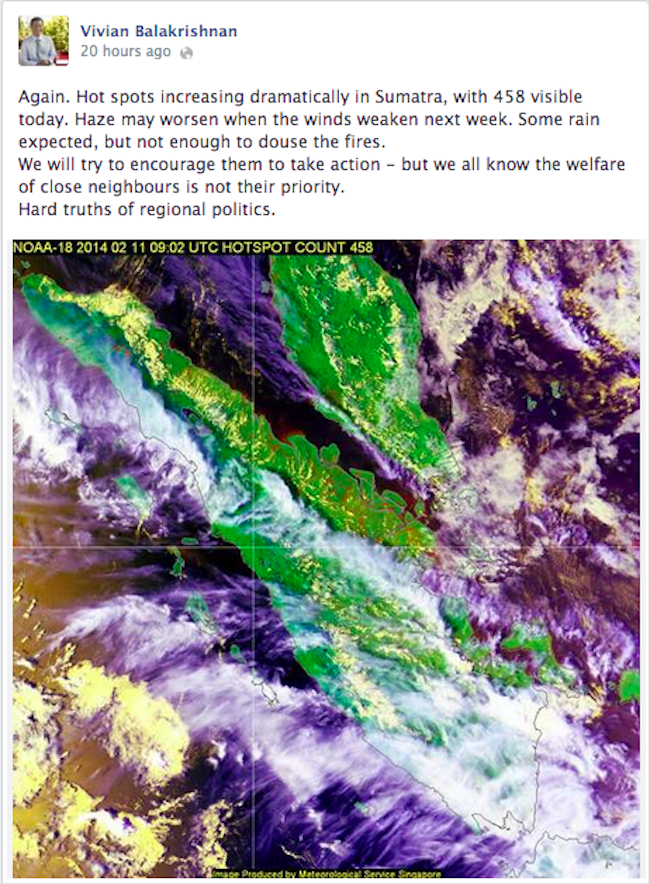 In a Facebook post Tuesday night, Singapore Environment and Water Resources Minister Vivian Balakrishnan shared that Singapore is facing an early and prolonged bout of haze. “Again. Hot spots increasing dramatically in Sumatra, with 458 visible today. Haze may worsen when the winds weaken next week. Some rain expected, but not enough to douse the fires. We will try to encourage them to take action — but we all know the welfare of close neighbours is not their priority. Hard truths of regional politics,” he wrote. According to the National Environment Agency (NEA) website, there were 458 hot spots detected on Tuesday, with 246 in the Riau province. This was more than double the 187 detected on Monday. Although the likelihood of transboundary haze affecting Singapore this week remains low because prevailing northeasterly winds are expected to remain for these two weeks, NEA said Singapore may experience “occasional slight haze due to the accumulation of particulate matter under stable atmospheric conditions”. As at 9pm on Tuesday, Singapore’s three-hour Pollutant Standards Index (PSI) reading was 38 — within the “good” air quality range. Singapore experienced its worst bout of haze in June last year, with the PSI hitting a record high of 401 at ... The post If the readings on these charts go through the roof, you know the haze is coming appeared first on Vulcan Post.