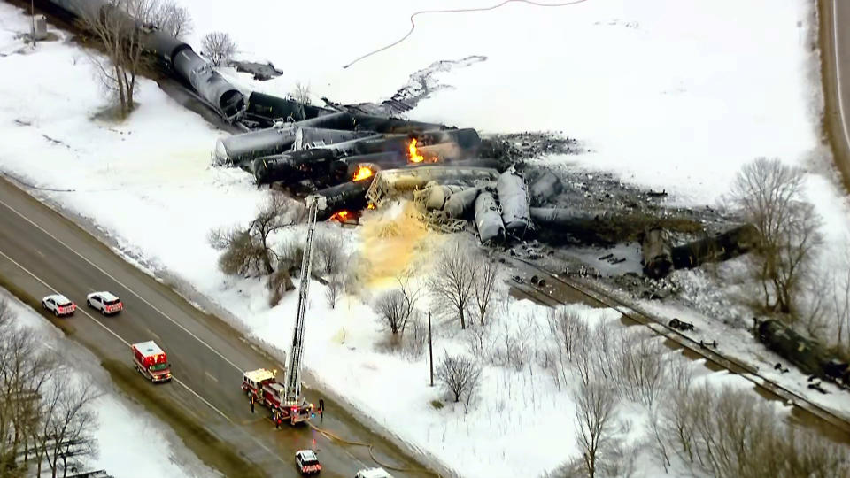 Derailed train cars carrying ethanol erupted in flames in Raymon, Minn. (NBC News)