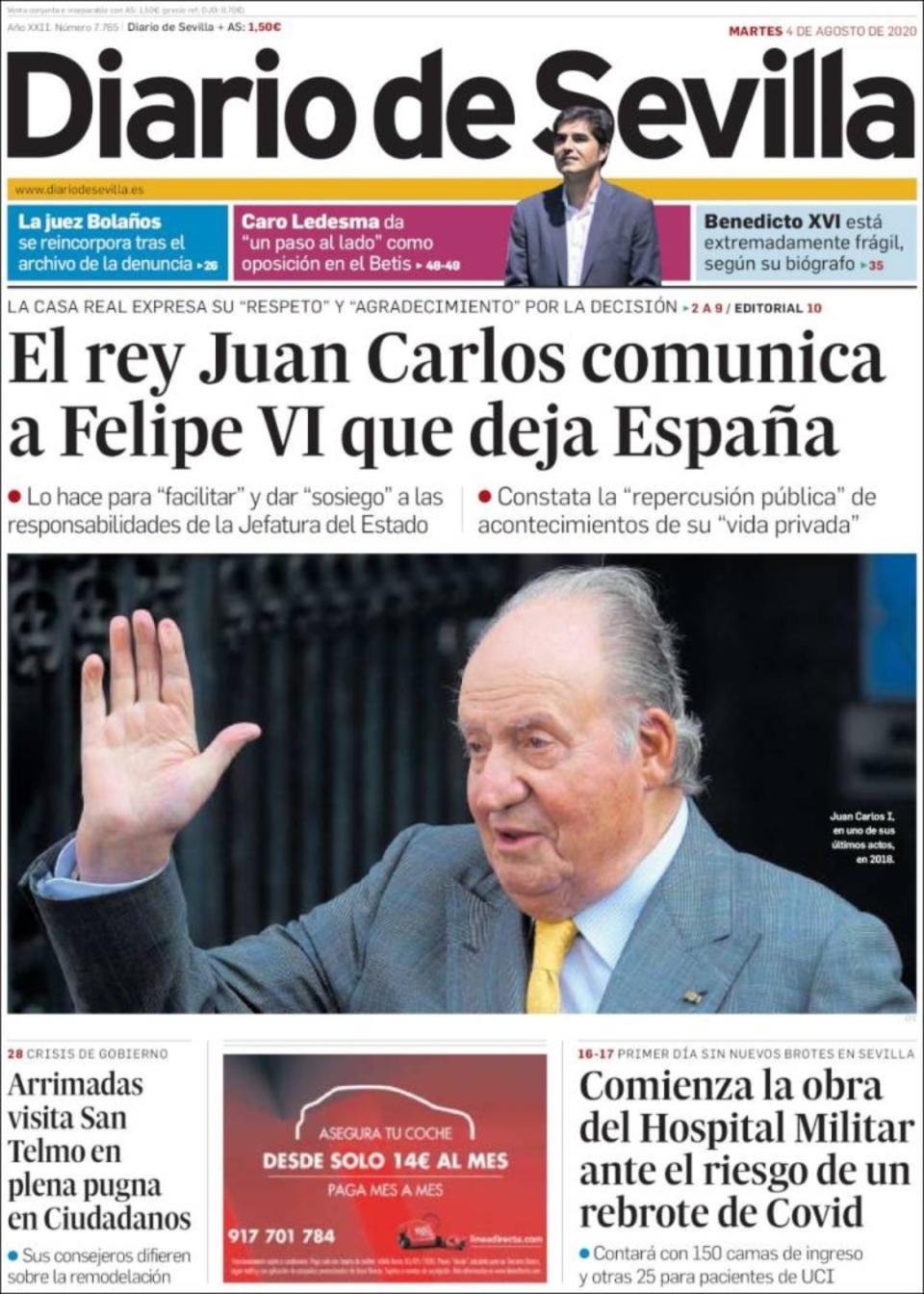 “El rey Juan Carlos comunica a Felipe VI que deja España”, recoge en su portada ‘Diario de Sevilla’, que añade que la Casa Real le ha expresado su respeto y agradecimiento por la decisión. (Foto: <a href="http://www.diariodesevilla.es/" rel="nofollow noopener" target="_blank" data-ylk="slk:Diario de Sevilla;elm:context_link;itc:0;sec:content-canvas" class="link ">Diario de Sevilla</a>).