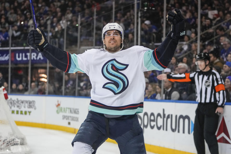 Seattle Kraken's Brandon Tanev, celebrates after scoring during the third period of an NHL hockey game against the New York Rangers, Friday, Feb. 10, 2023, in New York. (AP Photo/Frank Franklin II)