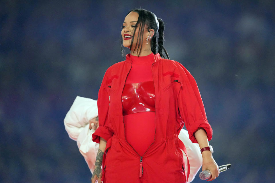 Rihanna performs during the halftime show of Super Bowl LVII