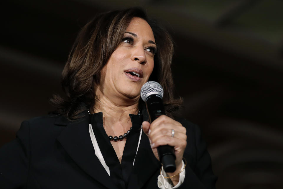 2020 Democratic presidential candidate Sen. Kamala Harris speaks during a town hall meeting at the University of Iowa, Wednesday, April 10, 2019, in Iowa City, Iowa. (AP Photo/Charlie Neibergall)