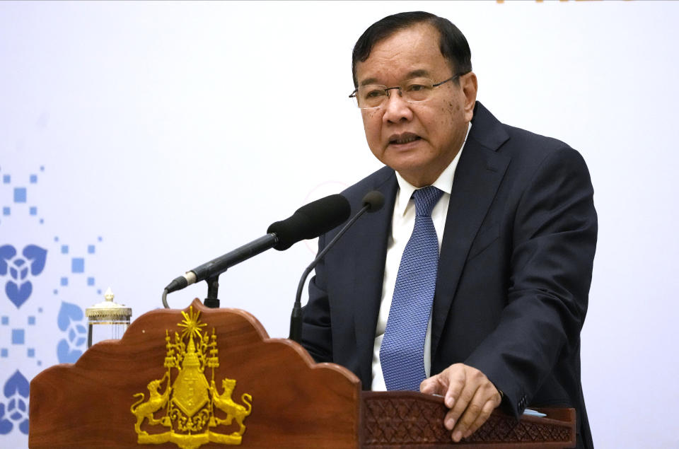 Cambodia's Foreign Minister Prak Sokhonn speaks during a press conference after the 55th ASEAN Foreign Ministers' Meeting (55th AMM) in Phnom Penh, Cambodia, Saturday, Aug. 6, 2022. (AP Photo/Heng Sinith)