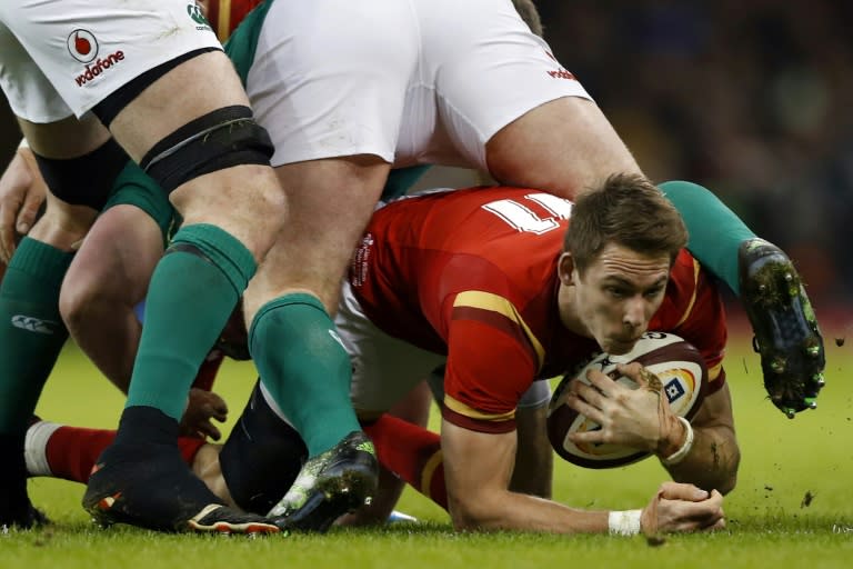 Wales' wing Liam Williams gathers the ball during the Six Nations international rugby union match between Wales and Ireland at the Principality Stadium in Cardiff, south Wales, on March 10, 2017