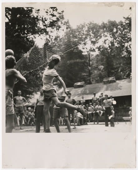 Boys playing volleyball at Camp Wakitan, from the Records of the Hebrew Orphan Asylum of the City of New York.