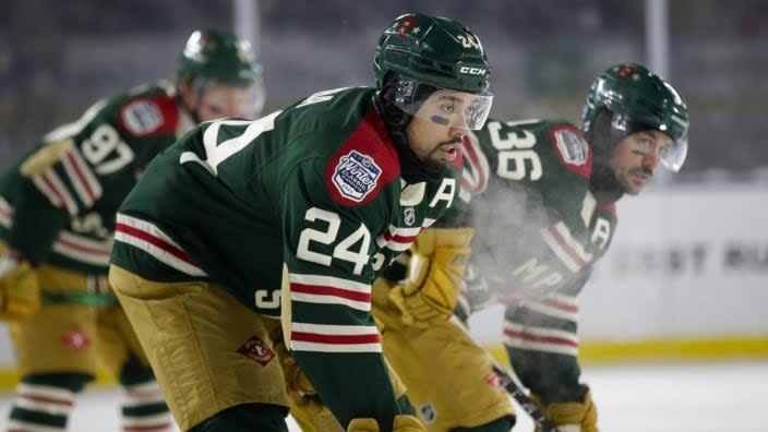 Minnesota Wild defenseman Matt Dumba (24), Wild right wing Mats Zuccarello (36) and Wild left wing Kirill Kaprizov (97) wait for a face off during the NHL Winter Classic hockey game at Target Field in Minneapolis. For too long, Dumba felt he was on his own dealing with racial taunts directed at him as a youngster growing up in Saskatchewan. It was no different for Dumba as an adult, one of just a handful of minority players in the National Hockey League.(Photo: Andy Clayton-King/AP, File)