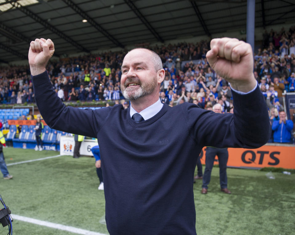 Kilmarnock manager Steve Clarke celebrates after his team secured a European place for next season after defeating Rangers 2-1 during the Ladbrokes Scottish Premiership match at rugby Park, Kilmarnock. (Photo by Ian Rutherford/PA Images via Getty Images)