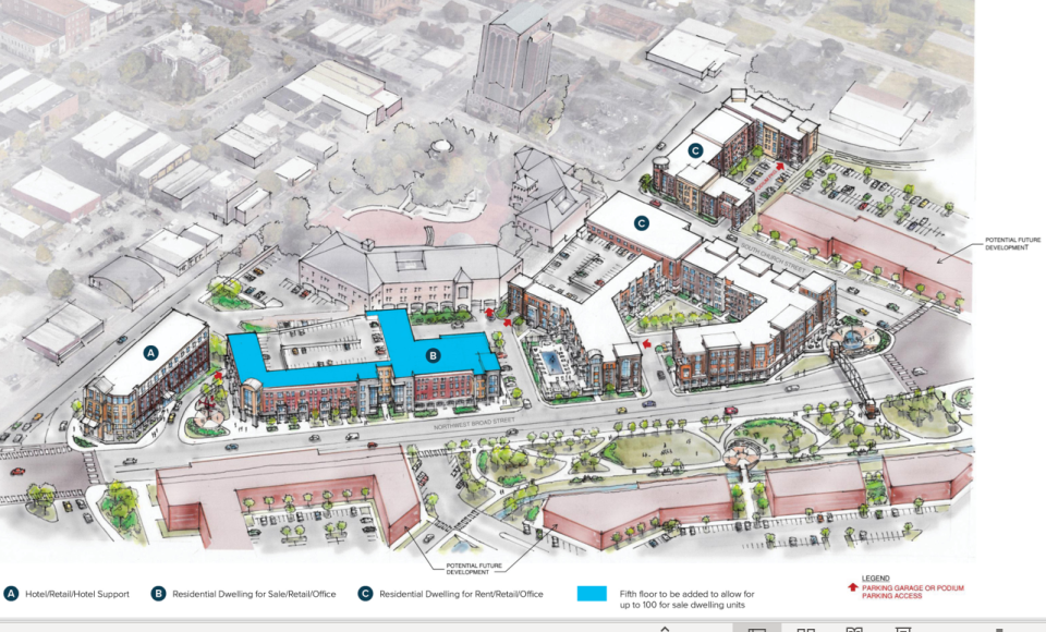 This rendering shows what a proposed Keystone mix-use development would resemble around Murfreesboro City Hall and Linebaugh Library in downtown area off Broad, Vine and Church streets. The Keystone developers plan to build 239 apartments in two four-story buildings by Linebaugh Library; 80 to 100 townhomes in four- or five-story building (blue on top reflects building has story options) off Broad; hotel with 80 to 150 rooms off Vine and Broad; ground floor retail spaces that total 30,000 to 40,000 square feet; and 780 parking spaces, including 715 in two garages. The project is proposed by HRP development company of Brentwood and architect Bart Kline with Kline Swinney Associates of Nashville.