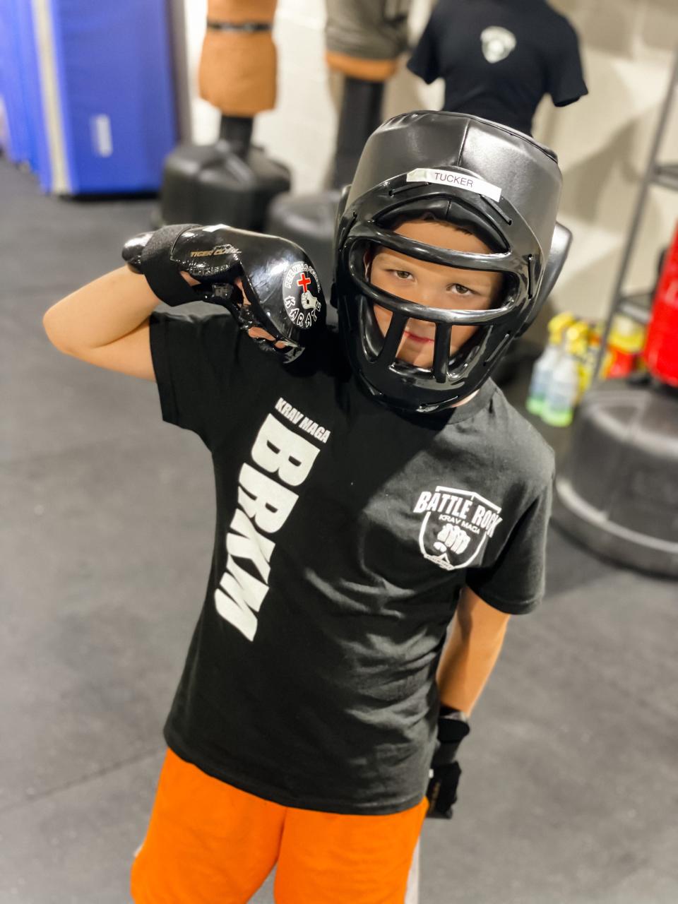 Tucker Mills, son of Janice and Todd Mills, dressed for Bullyproof Kids at the Battle Rock Krav Maga gym, Fountain City.