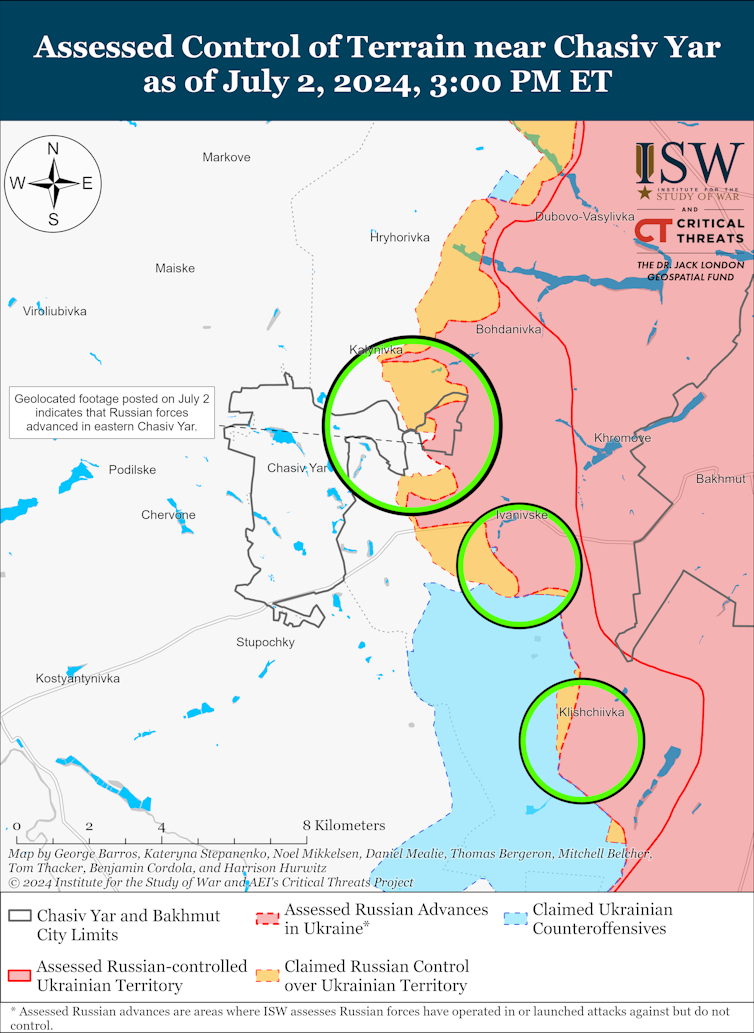 The state of the battle for Chasiv Yar according to the Institute for the Study of War, July 2 2024.