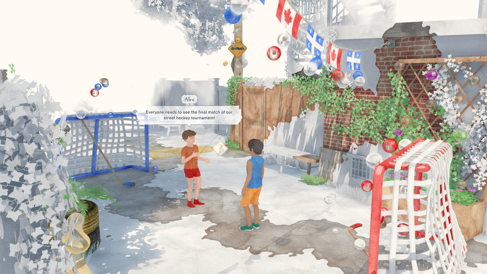 A screenshot of a game called Été.  Two kids discuss a hockey game they played in the alley.  The flags of Canada and Quebec are above them.  The scene is painted in a watercolor style, although most of it appears white, as if it has not yet been painted.