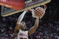 Indiana forward Trayce Jackson-Davis dunks during the second half of the team's NCAA college basketball game against Rutgers, Tuesday, Feb. 7, 2023, in Bloomington, Ind. (AP Photo/Darron Cummings)