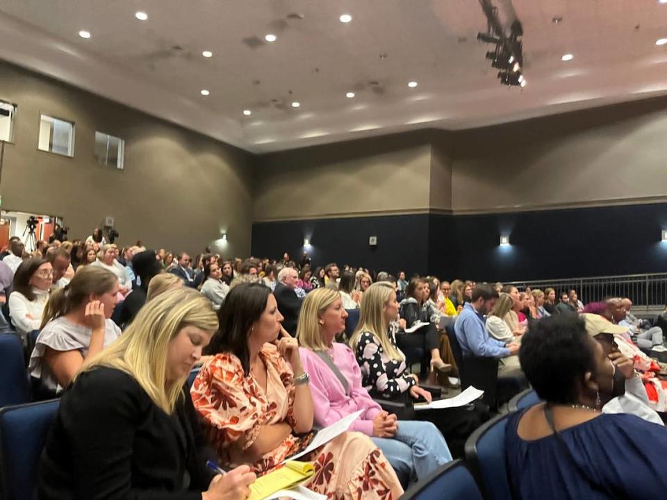 A crowd of parents, teachers and community members fill the Hopkins Middle School auditorium for the Richland School District 1 board meeting on October 24, 2023.