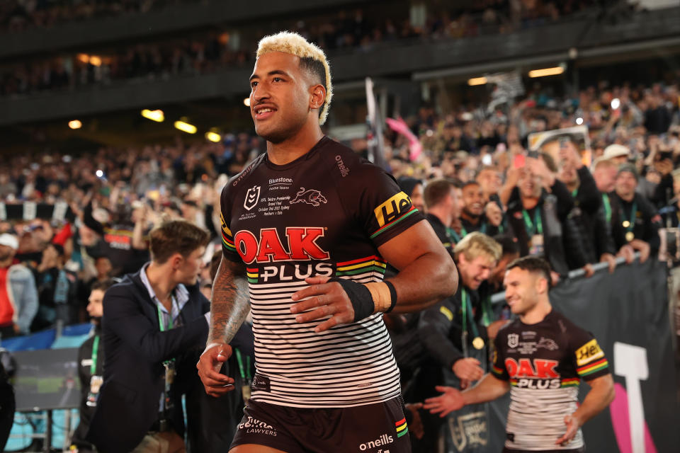 SYDNEY, AUSTRALIA - OCTOBER 02: Viliame Kikau of the Panthers runs out during the 2022 NRL Grand Final match between the Penrith Panthers and the Parramatta Eels at Accor Stadium on October 02, 2022, in Sydney, Australia. (Photo by Cameron Spencer/Getty Images)