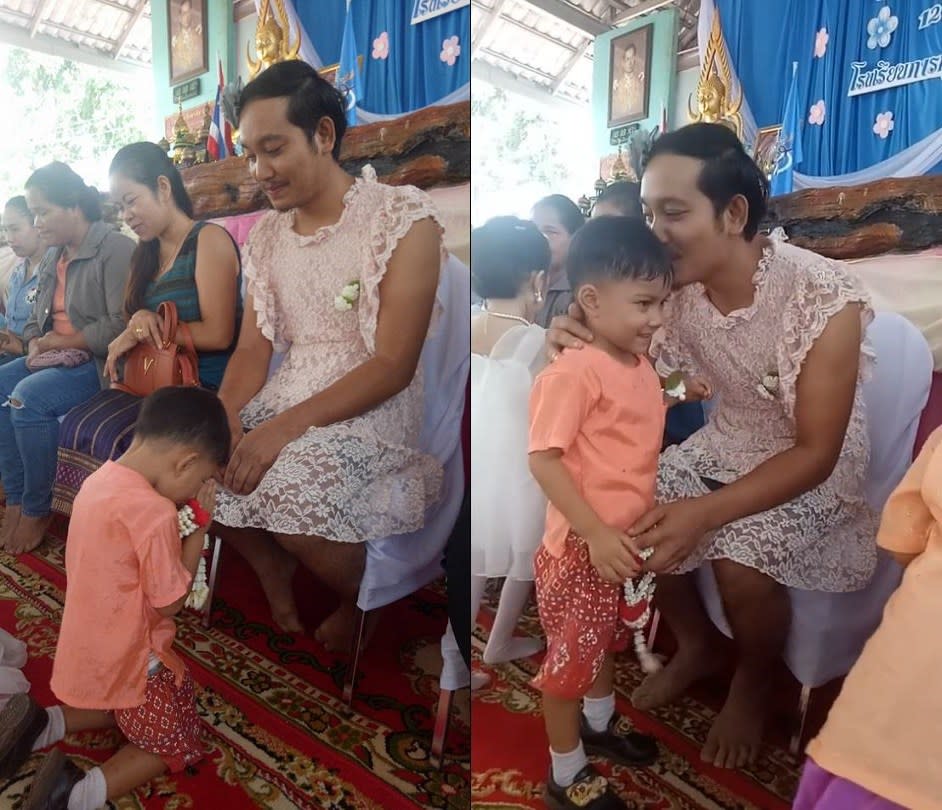 ▲泰國爸爸不在意他人眼光，穿上粉色洋裝參加母親節活動，感動無數網友。（圖／翻攝自Kornpat Ae Sukhom 臉書）