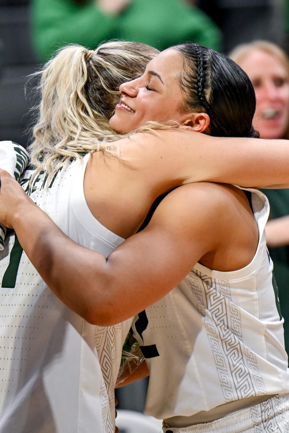 Michigan State seniors Tory Ozment, left, and Moira Joiner hug during the senior night ceremony after the Spartans win over Illinois on Thursday, Feb. 29, 2024, at the Breslin Center in East Lansing.