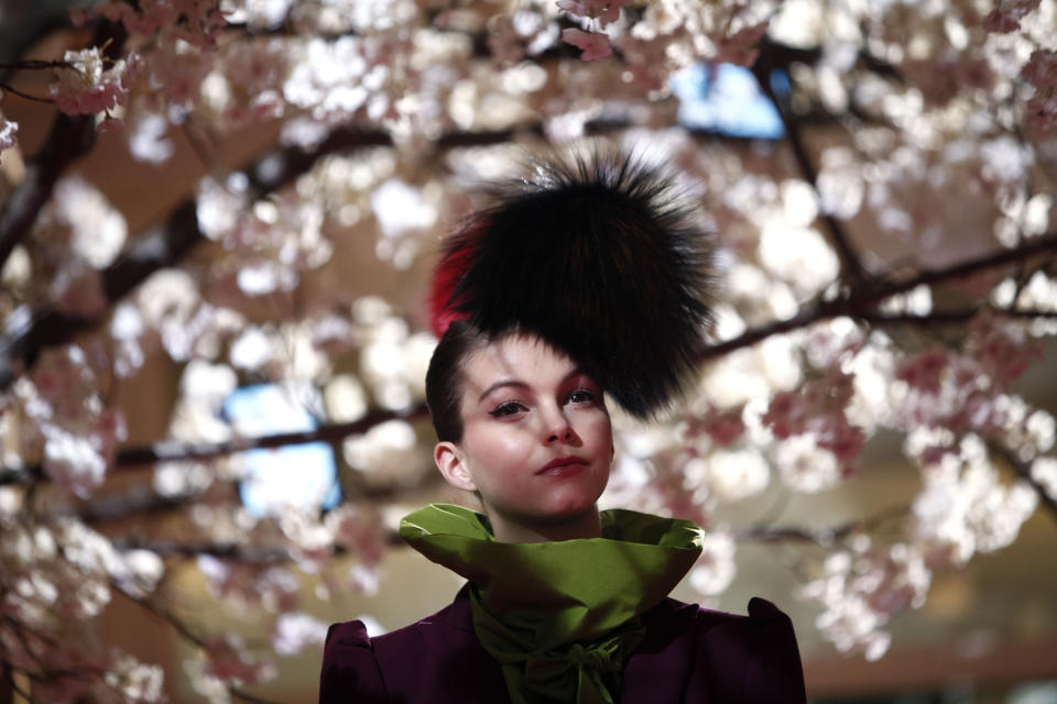 A model wears a creation by French designer Christian Lacroix for Schiaparelli's fashion collection presented in Paris, Monday, July 1, 2013. (AP Photo/Thibault Camus)