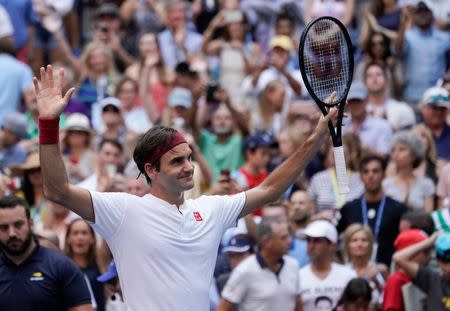 Sept 1, 2018; New York, NY, USA; Roger Federer of Switzerland hits to Nick Kyrgios of Australia in a third round match on day six of the 2018 U.S. Open tennis tournament at USTA Billie Jean King National Tennis Center. Mandatory Credit: Robert Deutsch-USA TODAY Sports