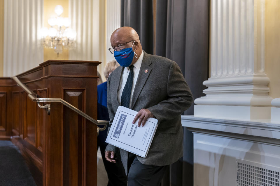 Chairman Bennie Thompson, D-Miss., arrives to lead the House panel investigating the Jan. 6 U.S. Capitol insurrection and vote on contempt charges against Jeffrey Clark, a former Justice Department lawyer who aligned with former President Donald Trump as Trump tried to overturn his election defeat.