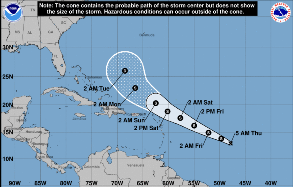 Forecasters say the storm will sweep well to the north of the Leeward Islands and Puerto Rico over the weekend before curving northeast into the open ocean, where it will weaken back to a tropical depression.