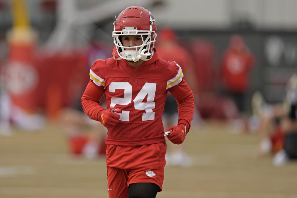 Kansas City Chiefs wide receiver Skyy Moore runs during the team's NFL football practice Thursday, Feb. 1, 2024 in Kansas City, Mo. The Chiefs will play the San Francisco 49ers in Super Bowl 58. (AP Photo/Charlie Riedel)