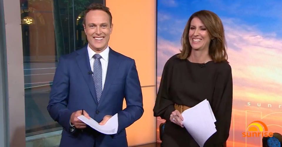 Sunrise’s Matt Shirvington and Nat Barr laughing.