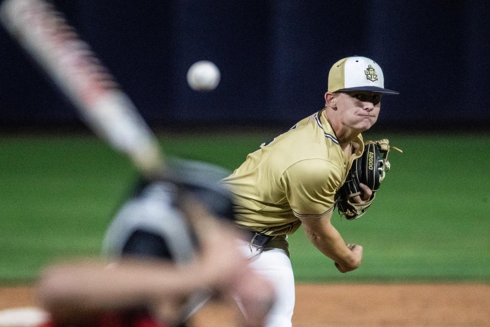 Delaware Military Academy senior Drew Simpson (6) throws a pitch against Conrad during the DIAA Baseball championship game at Frawley Stadium in Wilmington on Saturday, June 3, 2023. DMA won 7-1.