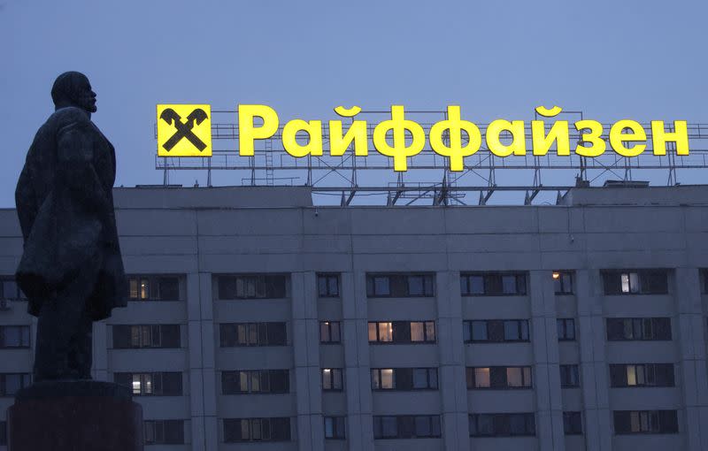 A view shows a signboard advertising Raiffeisen Bank in Moscow
