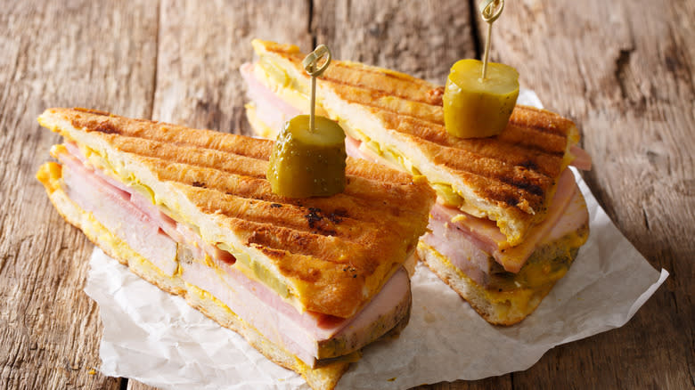 Cuban sandwiches with pickle garnish